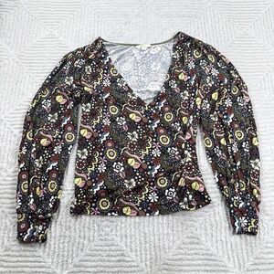 Boden Blouse Womens 12 Wrap V Jersey Floral Boho Retro Hippie Blouson Bloomcore